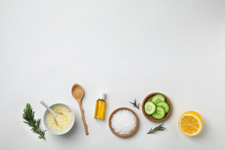 Fresh ingredients for homemade effective acne remedy on white backgroundの写真素材