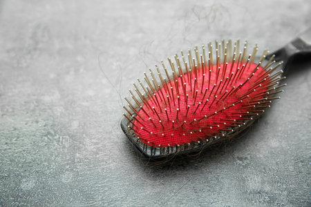 Brush with lost hair on gray table. Alopecia problem