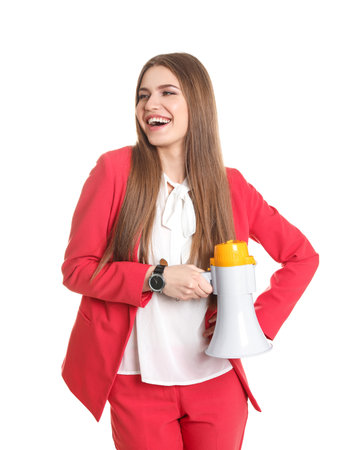 Young woman with megaphone on white backgroundの写真素材