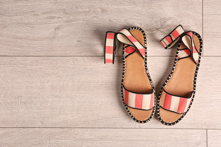 Pair of female shoes on wooden background, top viewの写真素材