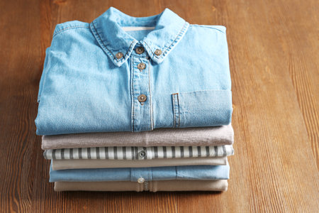 Stack of clean clothes on wooden table