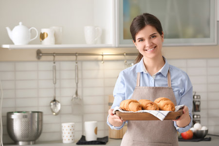 Woman holding wooden tray with delicious croissants in the kitchenの写真素材
