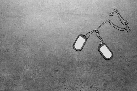 Military ID tags on gray background