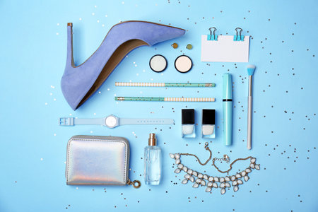 Flat lay composition with cosmetics and accessories on color backgroundの写真素材