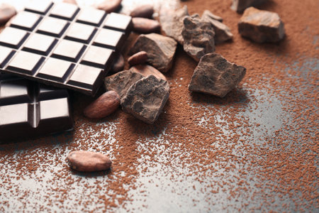 Composition with cocoa powder and chocolate on gray backgroundの写真素材