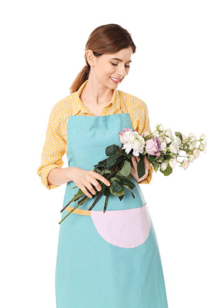 Female florist holding roses on white backgroundの写真素材