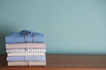 Stack of clothes on table against gray backgroundの写真素材