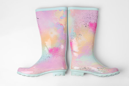 Pair of gumboots on white background, top view. female shoes