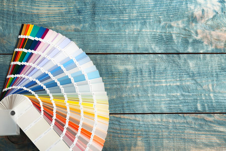 Color palette samples on wooden backgroundの写真素材