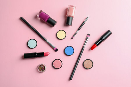 Flat lay composition with decorative cosmetics on color backgroundの写真素材