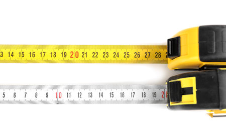 Measuring tapes on white backgroundの写真素材