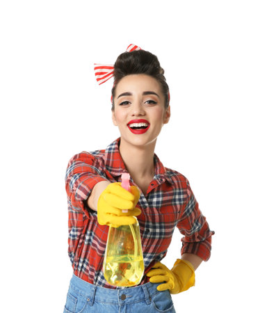 Funny young housewife with detergent on white backgroundの写真素材