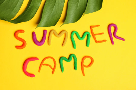 Flat lay composition with words SUMMER CAMP made from modeling clay and tropical leaf on color backgroundの写真素材