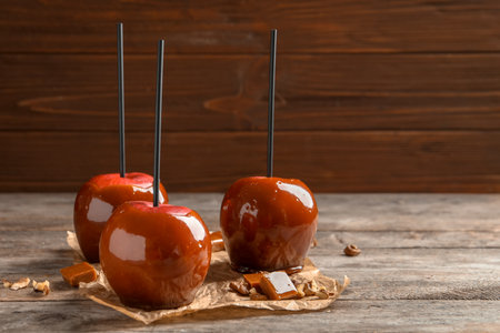 Delicious red caramel apples on tableの写真素材