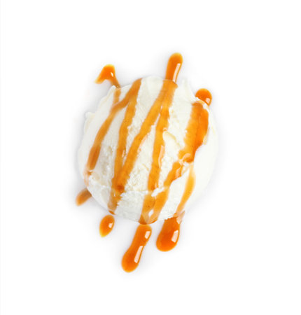 Tasty ice cream ball with caramel sauce on white backgroundの写真素材