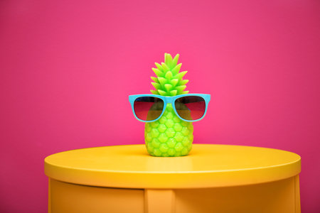 Stylish pineapple candle with sunglasses on table against color background. home decorating ideasの写真素材