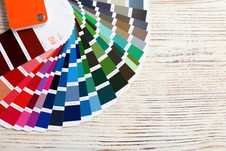 Color palette samples on wooden backgroundの写真素材