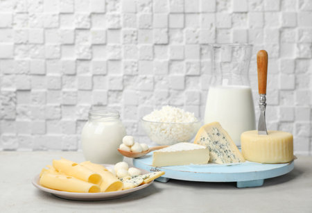 Different fresh dairy products on tableの写真素材
