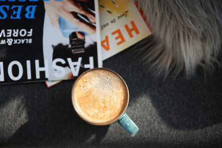 Cozy flat lay composition with cup of coffeeの写真素材