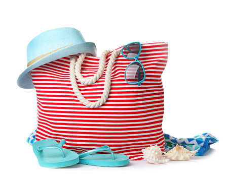 Composition with beach objects on white backgroundの写真素材