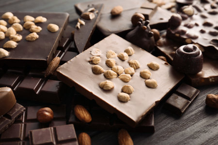 Different delicious chocolate bars and candies, closeupの写真素材