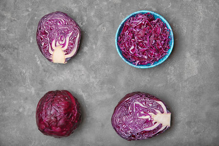 Flat lay composition with red cabbage on tableの写真素材