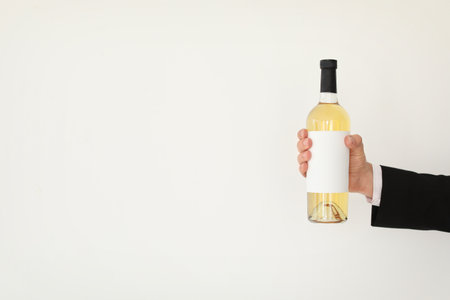 Man holding bottle of wine on light backgroundの写真素材