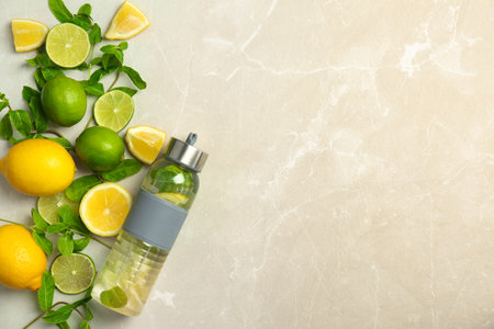 Flat lay composition with delicious natural lemonade on light backgroundの写真素材