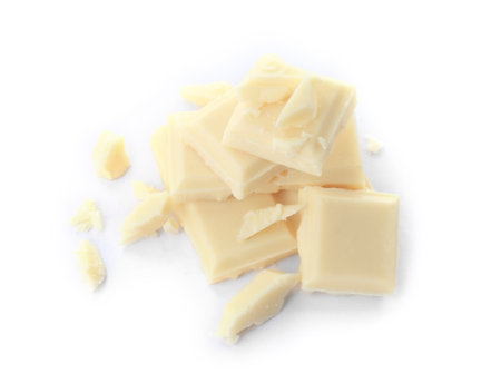 Delicious chocolate pieces on white backgroundの写真素材