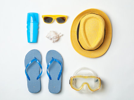 Composition with beach objects on white backgroundの写真素材