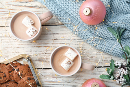 Flat lay composition with hot cocoa drink on wooden backgroundの写真素材