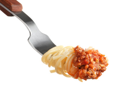 Fork with delicious pasta bolognese on white backgroundの写真素材
