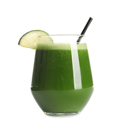 Glass with delicious detox juice on white backgroundの写真素材