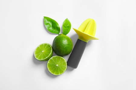 Flat lay composition with lime, mint and juicer on light background. Refreshing beverage ingredientsの写真素材