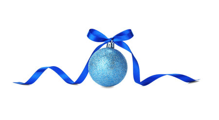 Beautiful Christmas ball with ribbon on white backgroundの写真素材