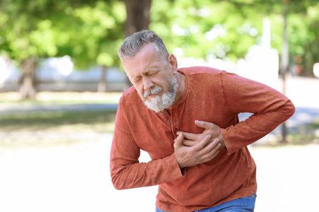 Mature man having heart attack in parkの写真素材