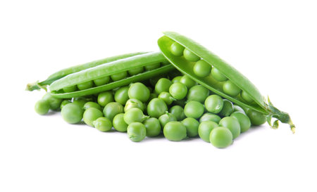 Delicious fresh green peas on white backgroundの写真素材