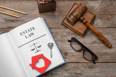 Flat lay composition with book, gavel and house key on wooden background. estate law conceptの写真素材