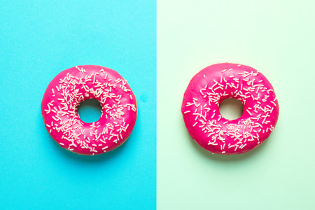 Delicious glazed donuts on color background, top viewの写真素材