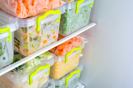 Containers with deep frozen vegetables in refrigeratorの写真素材
