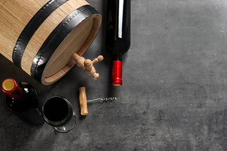 Flat lay composition with delicious wine on gray backgroundの写真素材