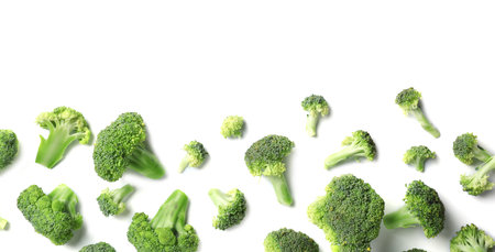 Flat lay composition with fresh green broccoli on light backgroundの写真素材