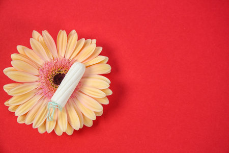 Flat lay composition with flower and tampon on color background. Gynecological checkupの写真素材