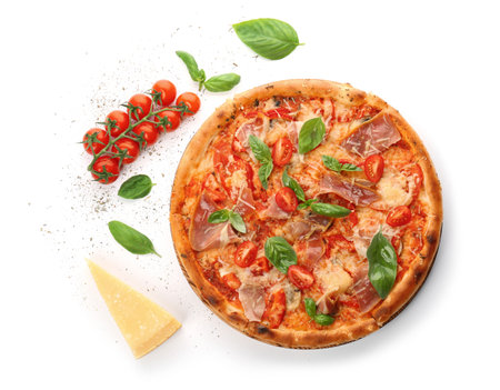 Delicious pizza with tomatoes and meat on white backgroundの写真素材