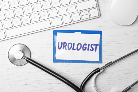 Badge with inscription UROLOGIST, keyboard and stethoscope on table, top viewの写真素材
