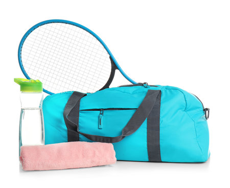Sports bag and gym stuff on white backgroundの写真素材