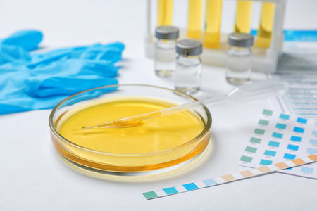 Glass dish with urine sample on table. Urology conceptの写真素材
