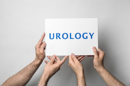 Men holding card with word UROLOGY on light backgroundの写真素材