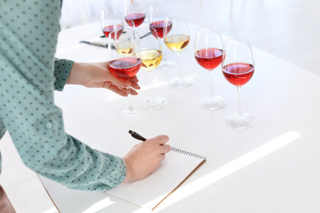 Woman with notebook tasting delicious wine at table indoorsの写真素材