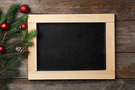 Chalkboard and decor on wooden background, top view. christmas count downの写真素材